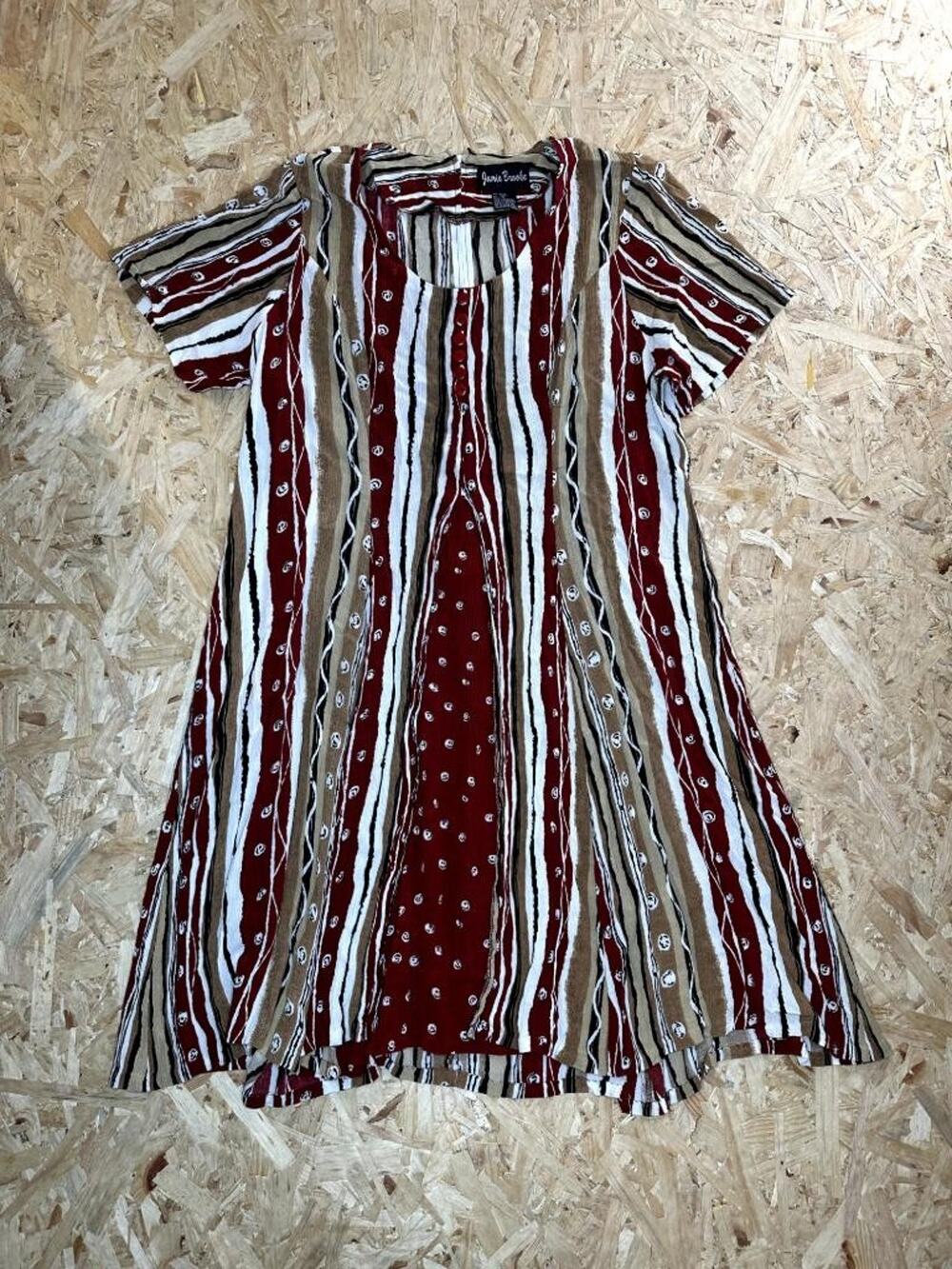 Jamie Brooke Vintage Dress Womens 18 Red Brown Stripe Rayon Short Sleeve Midi